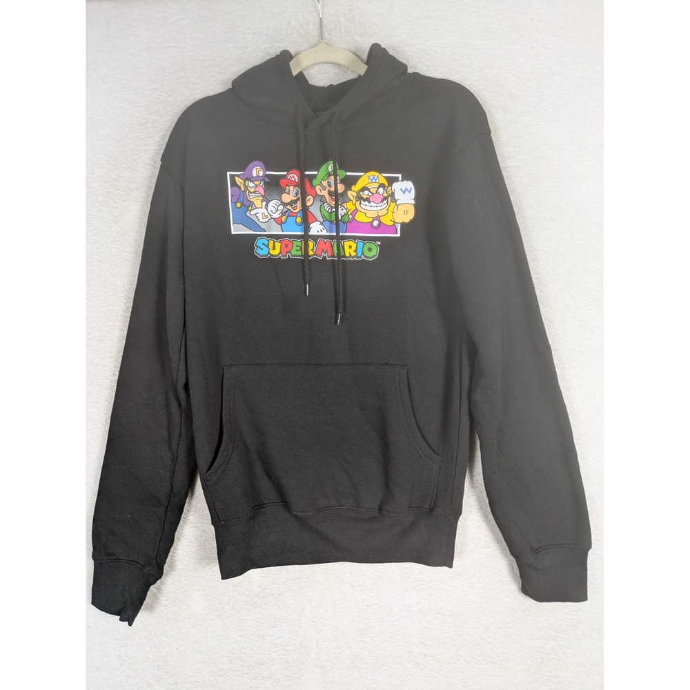 NEW Super Mario Hoodie Men's XS Black Graphic Pullover Luigi Wario Waluigi